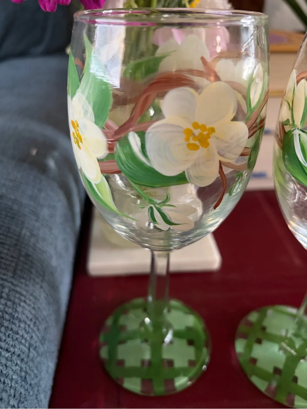 Hand-Painted Floral Wine Glasses in Green